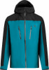 Blaue Herrenjacke mit schwarzer Kapuze und Ärmeln, mit Reißverschlüssen.