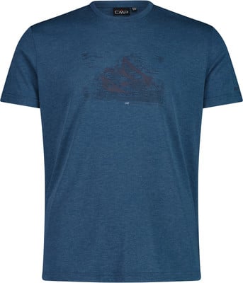 Blaues T-Shirt mit kurzen Ärmeln und einem Bergmotiv sowie CMP-Logo. Blaues T-Shirt mit kurzen Ärmeln und einem Bergmotiv sowie CMP-Logo.