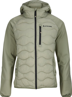 Grüne Daunenjacke mit Kapuze und schwarzem Reißverschluss. Grüne Daunenjacke mit Kapuze und schwarzem Reißverschluss.
