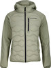 Grüne Daunenjacke mit Kapuze und schwarzem Reißverschluss.