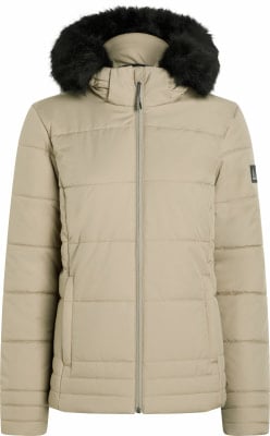 Beige Daunenjacke mit schwarzem Kunstpelzbesatz und Reißverschluss.