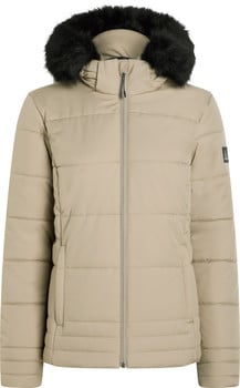 Beige Daunenjacke mit schwarzem Kunstpelzbesatz und Reißverschluss.