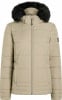 Beige Daunenjacke mit schwarzem Kunstpelzbesatz und Reißverschluss.