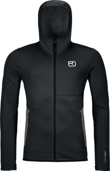 Schwarze Herren-Kapuzenjacke mit Logo auf der Brust.