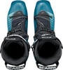 Zwei blaue Skischuhe mit schwarzen Schnallen und Scarpa-Logo.