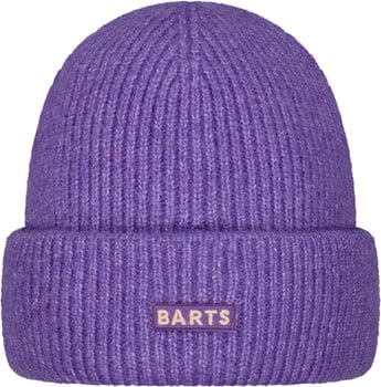 Eine lila Strickmütze mit dem BARTS-Logo auf der Vorderseite.