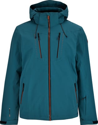 Blaue Herren-Skijacke mit Kapuze und mehreren Reißverschlusstaschen. Blaue Herren-Skijacke mit Kapuze und mehreren Reißverschlusstaschen.