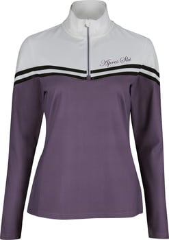 Damen-Pullover in Lila mit weißem Kragen und schwarzen Streifen auf der Brust.