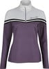 Damen-Pullover in Lila mit weißem Kragen und schwarzen Streifen auf der Brust.