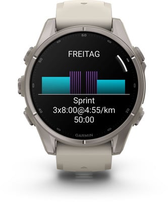 Eine Smartwatch zeigt den täglichen Trainingsplan mit Grafik und Daten an. Eine Smartwatch zeigt den täglichen Trainingsplan mit Grafik und Daten an.