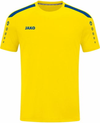Gelbes Sport T-Shirt mit blauen Streifen an den Schultern und JAKO Logo. Gelbes Sport T-Shirt mit blauen Streifen an den Schultern und JAKO Logo.