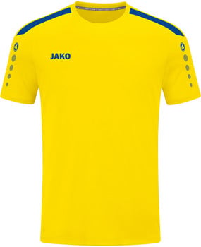 Gelbes Sport T-Shirt mit blauen Streifen an den Schultern und JAKO Logo.