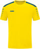 Gelbes Sport T-Shirt mit blauen Streifen an den Schultern und JAKO Logo.