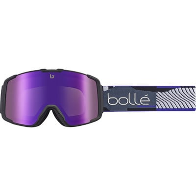 Eine Bollé Skibrille mit violettem Spiegellinse und gemustertem Band.