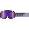 Eine Bollé Skibrille mit violettem Spiegellinse und gemustertem Band.