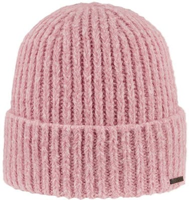 Eine rosa Strickmütze mit Rippenmuster und Umschlagbündchen.