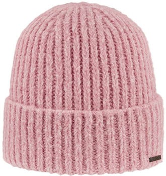 Eine rosa Strickmütze mit Rippenmuster und Umschlagbündchen.