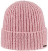 Eine rosa Strickmütze mit Rippenmuster und Umschlagbündchen.