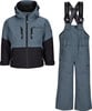 Eine blaue Winterjacke und Latzhose mit schwarzen Details und Active Rebel Logo.