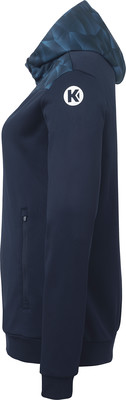 Dunkelblaue Damen-Kapuzenjacke mit Logo auf dem Ärmel. Dunkelblaue Damen-Kapuzenjacke mit Logo auf dem Ärmel.