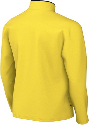 Rückansicht einer gelben Jacke mit langen Ärmeln und schwarzem Kragen. Rückansicht einer gelben Jacke mit langen Ärmeln und schwarzem Kragen.