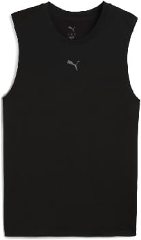 Schwarzes Puma Herren-Tanktop ohne Ärmel mit Puma-Logo auf der Brust.