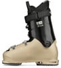 Ein beige und schwarzer Skischuh mit Schnallen und Riemen.