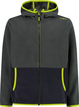 Graue Fleecejacke mit Kapuze, dunkelblauem Unterteil und limettengrünen Akzenten.