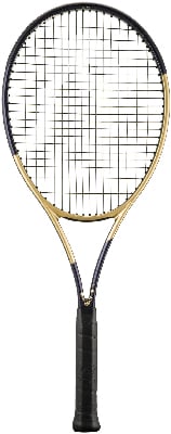 Ein Tennisschläger mit schwarzem Griff und goldenen und dunkelblauen Akzenten. Ein Tennisschläger mit schwarzem Griff und goldenen und dunkelblauen Akzenten.