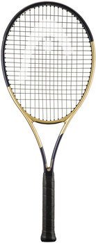 Ein Tennisschläger mit schwarzem Griff und goldenen und dunkelblauen Akzenten.