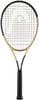 Ein Tennisschläger mit schwarzem Griff und goldenen und dunkelblauen Akzenten.
