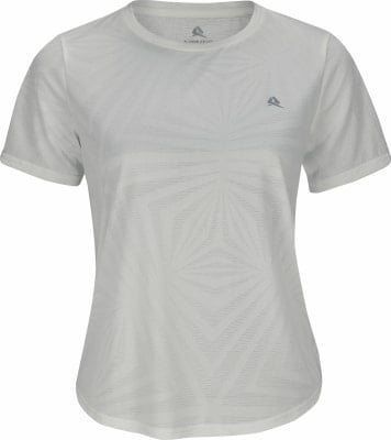 Weißes Damen-T-Shirt mit kurzen Ärmeln und geometrischem Muster.