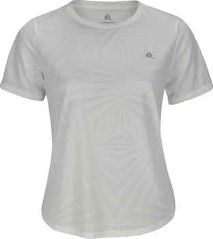 Weißes Damen-T-Shirt mit kurzen Ärmeln und geometrischem Muster.