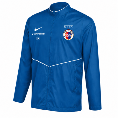 Blaue Jacke mit weißen Streifen und Logos von Nike, Intersport und FC Ober-Grafendorf.