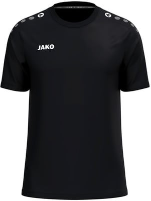Schwarzes T-Shirt mit JAKO-Logo und grauen Punkten auf den Schultern.