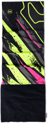 Buff-Schlauchtuch mit schwarzem Hintergrund, neongrünen und rosa Streifen.