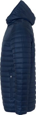 Eine dunkelblaue Steppjacke mit Kapuze im Profil. Eine dunkelblaue Steppjacke mit Kapuze im Profil.