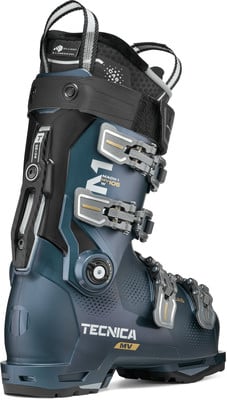 Blauer Tecnica Skischuh mit Schnallen und Logo. Blauer Tecnica Skischuh mit Schnallen und Logo.