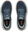Draufsicht auf ein Paar dunkelblaue Hoka-Laufschuhe mit orangefarbenem Logo.