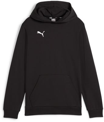 Schwarzer Puma Kapuzenpullover mit weißem Logo und Kängurutasche.