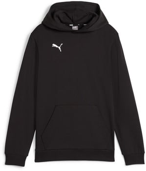 Schwarzer Puma Kapuzenpullover mit weißem Logo und Kängurutasche.