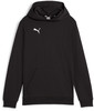 Schwarzer Puma Kapuzenpullover mit weißem Logo und Kängurutasche.