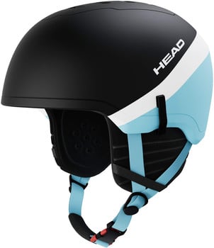 Schwarzer Skihelm mit blauen und weißen Streifen und HEAD-Logo.