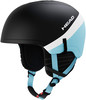 Schwarzer Skihelm mit blauen und weißen Streifen und HEAD-Logo.