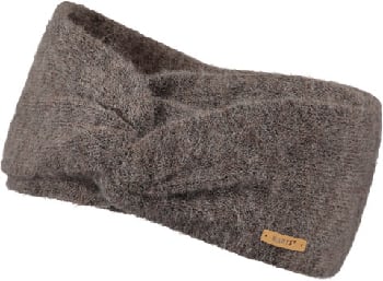 Graues Strickstirnband mit Knoten und einem Lederlogo der Marke Barts.