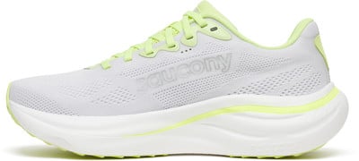 Weiße Saucony-Laufschuhe mit hellgrünen Akzenten und Logo. Weiße Saucony-Laufschuhe mit hellgrünen Akzenten und Logo.