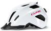 Ein weißer Cube Fahrradhelm mit pinkem Logo und schwarzem Visier.