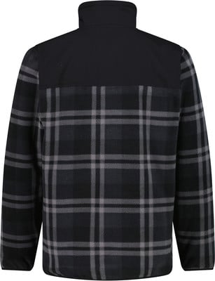 Rückseite einer schwarz-grauen karierten Fleecejacke mit Stehkragen.