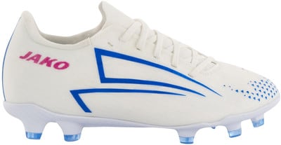 Weiße JAKO Fußballschuhe mit blauen Streifen und pinkem Logo. Weiße JAKO Fußballschuhe mit blauen Streifen und pinkem Logo.