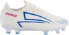 Weiße JAKO Fußballschuhe mit blauen Streifen und pinkem Logo.